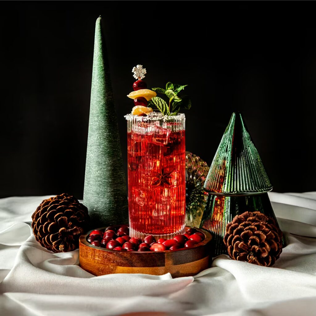Cranberry citrus holiday cocktail with mint at Planet Hollywood NYC