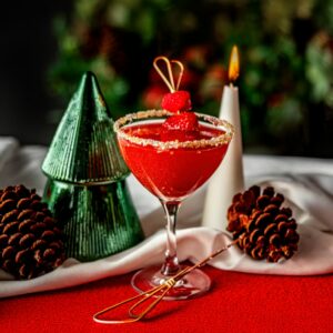 Raspberry holiday martini with sugared rim at Planet Hollywood NYC