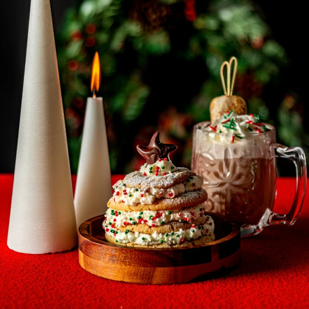 Holiday cookie tree dessert and hot cocoa at Planet Hollywood NYC