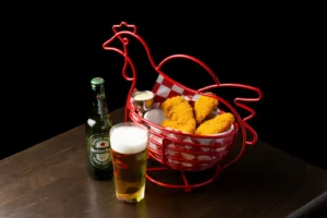 A chicken-shaped basket of the World Famous Chicken Crunch